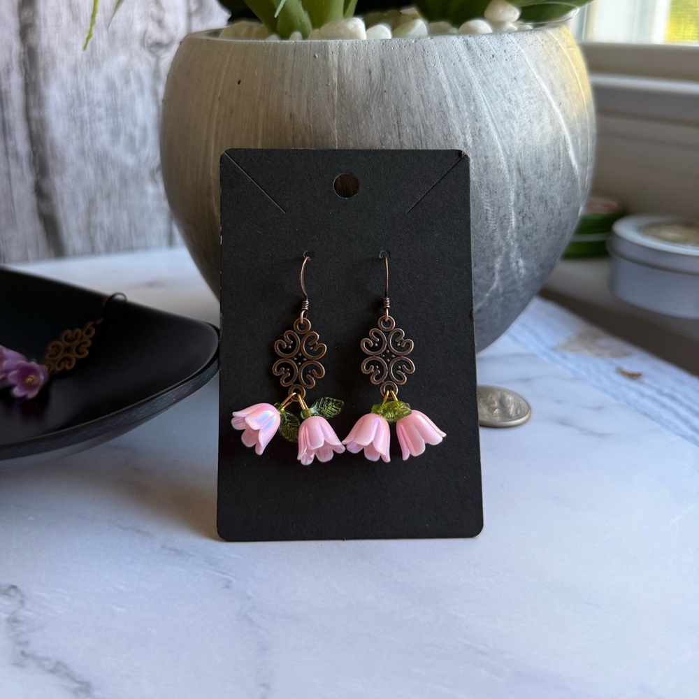 Elegant Pink Lily Of The Valley Floral Earrings With Antique Copper Charm
